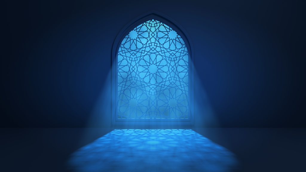 Moon light shine through the window into islamic mosque interior. Ramadan Kareem islamic background